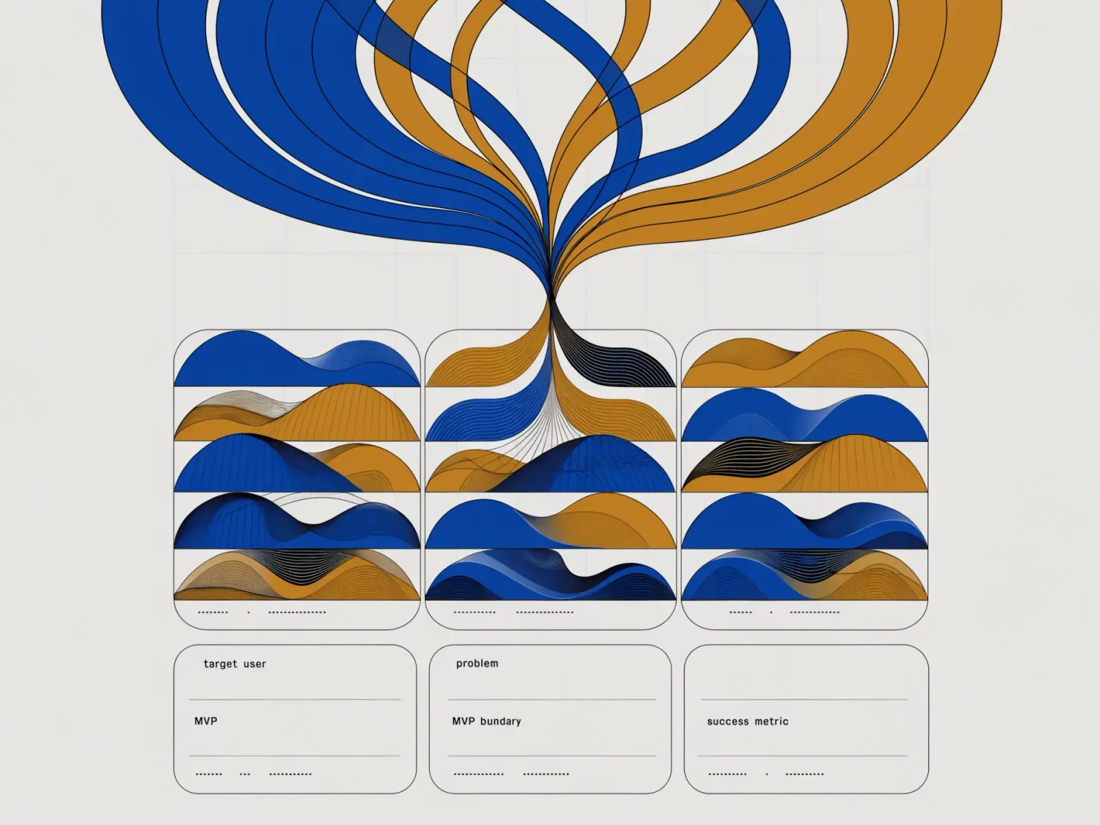 Scope contract panel: a product idea resolved into target user, problem, MVP boundary, and success metric as a clean editorial card.