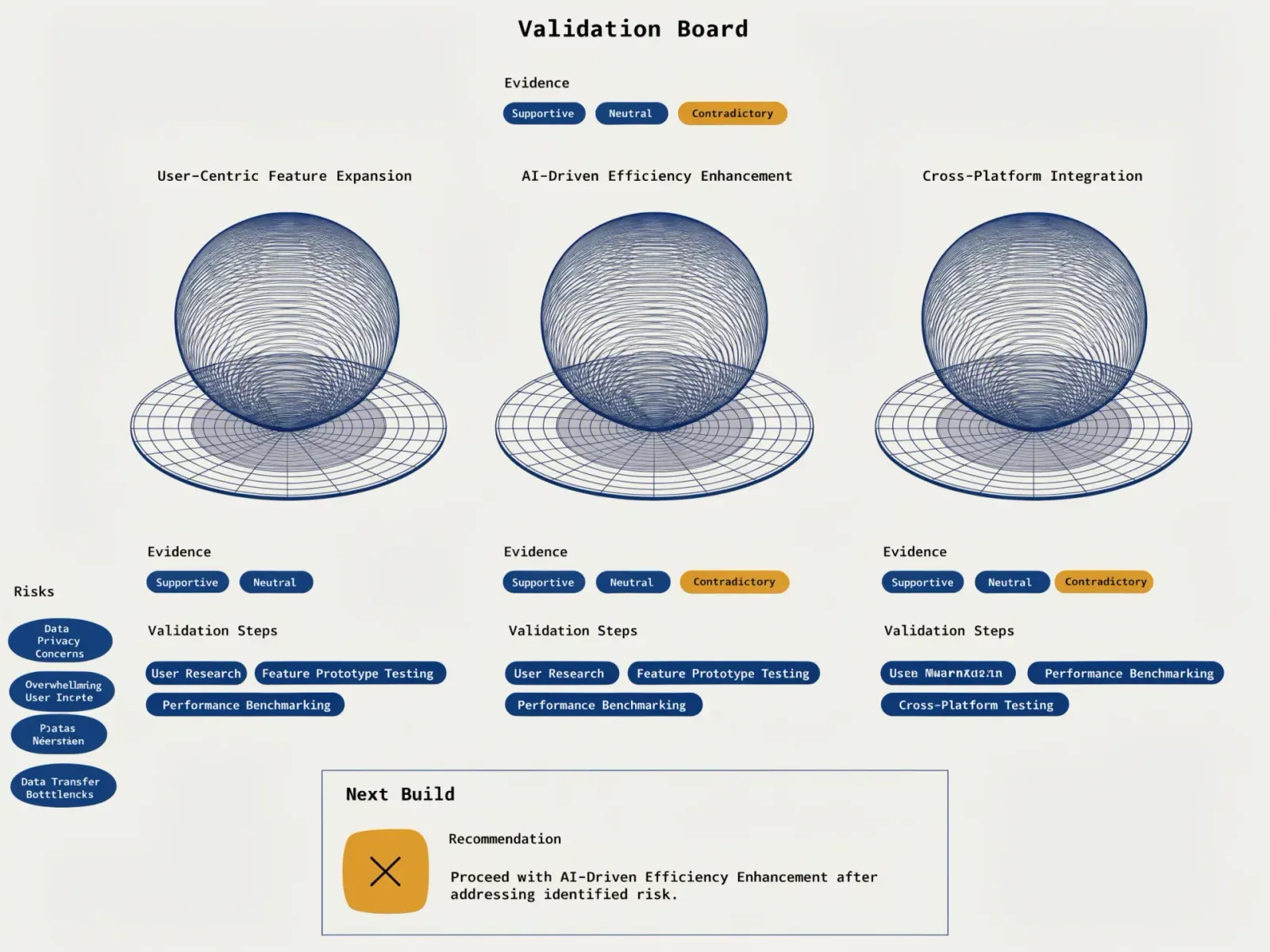 Validation board showing evidence status, validation steps, risks, and a next-build recommendation as ranked cards.