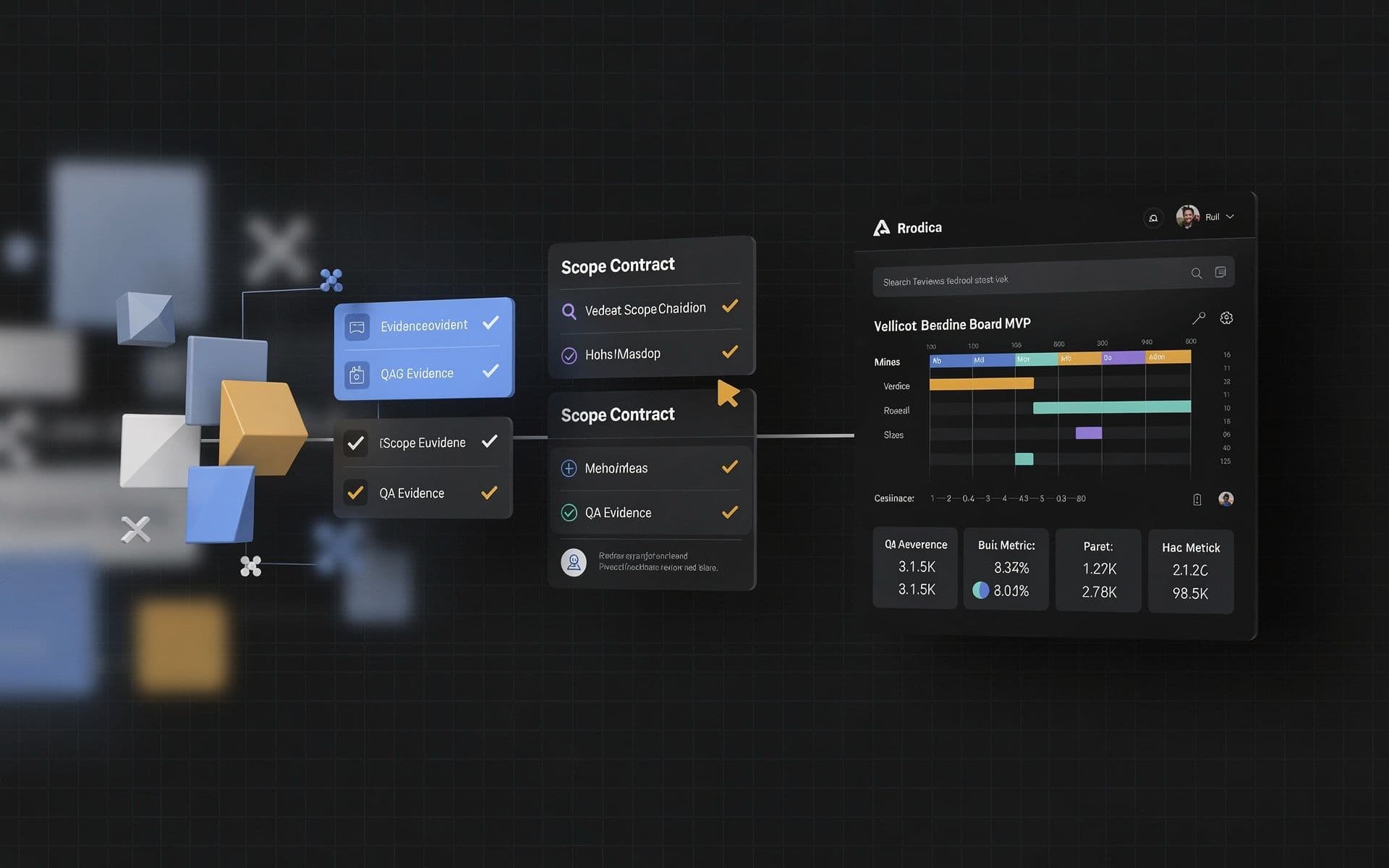 Abstract Bayt Labs review-bundle artifact: a raw product idea crystallizing into a structured scope and validation board, rendered as clean editorial dashboard surfaces in cobalt over cool ink.